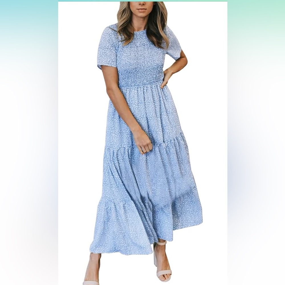 XXL Short Sleeve Smocked Blue Tiered Midi/Maxi Dress